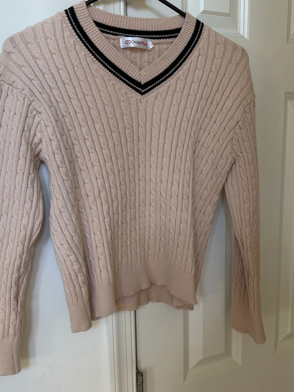 OrderPlus Women's Blush Cable-Knit V-Neck Sweater with Contrast Trim